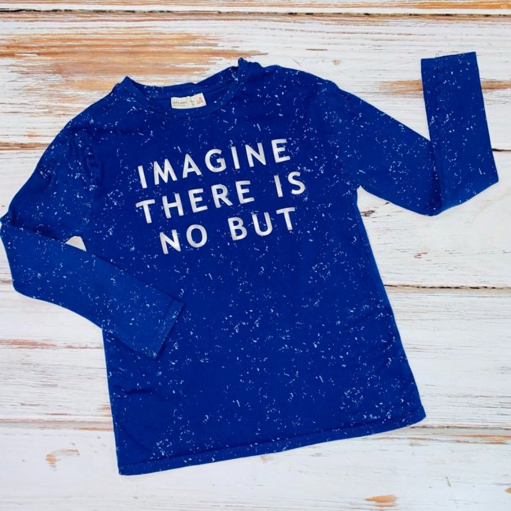 Zara Boys Long Sleeve T shirt with Slogan and Silver Spattering Size 8